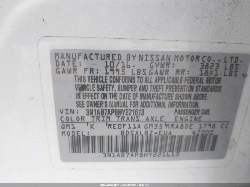 2017 Nissan Sentra S VIN: 3N1AB7AP8HY221613 Lot: 42622087