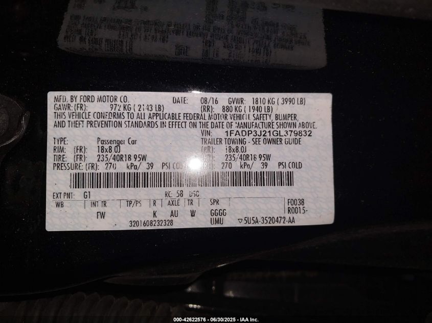 2016 Ford Focus Titanium VIN: 1FADP3J21GL379832 Lot: 42622576