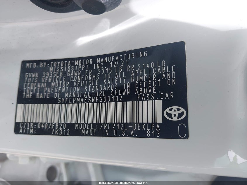 2022 TOYOTA COROLLA LE - 5YFEPMAE5NP300102