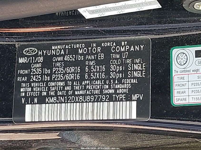 2008 HYUNDAI TUCSON VIN: KM8JN12DX8U897792