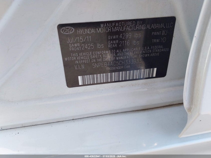 2012 HYUNDAI SONATA VIN: 5NPEB4AC5CH333933
