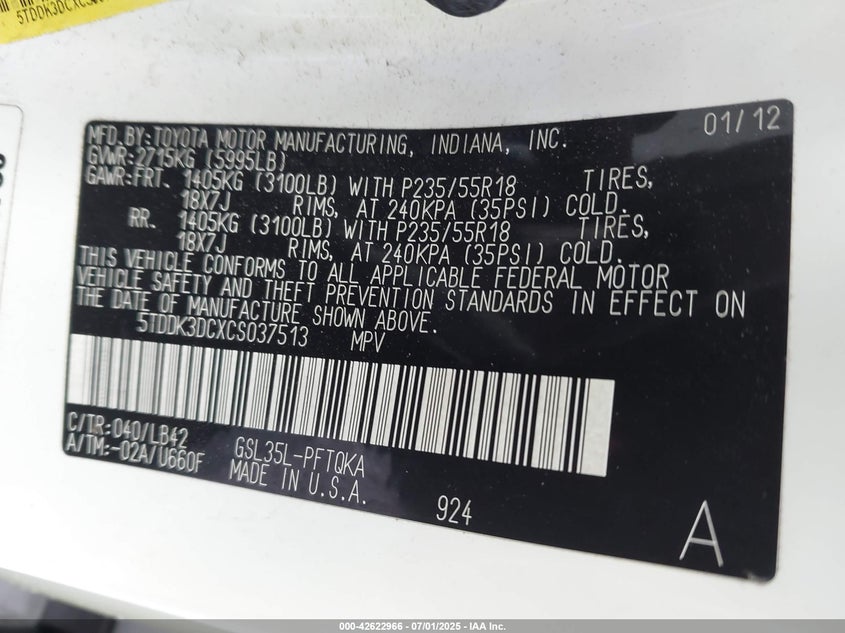 2012 Toyota Sienna Xle 7 Passenger VIN: 5TDDK3DCXCS037513 Lot: 42622966