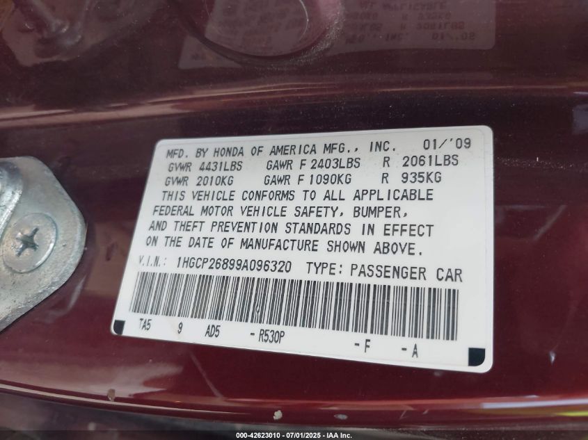 2009 Honda Accord 2.4 Ex-L VIN: 1HGCP26899A096320 Lot: 42623010
