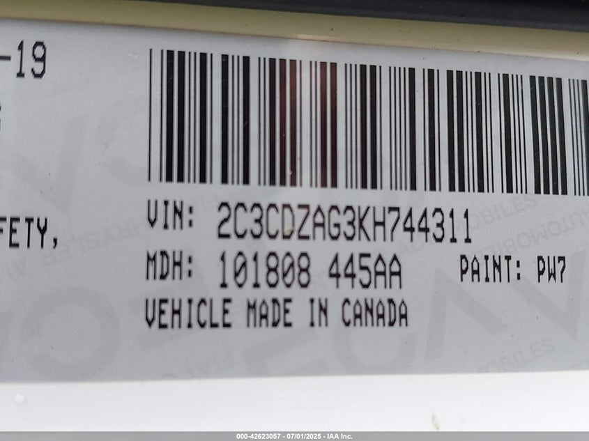 VIN 2C3CDZAG3KH744311 2019 DODGE CHALLENGER SXT