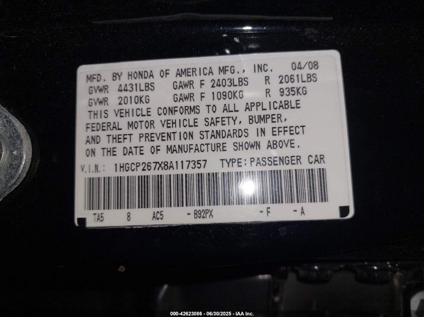 2008 Honda Accord 2.4 Ex VIN: 1HGCP267X8A117357 Lot: 42623086