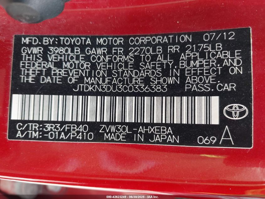 2012 Toyota Prius VIN: JTDKN3DU3LO336383 Lot: 42623249