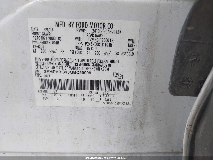 2016 Ford Edge Se VIN: 2FMPK3G93GBC59908 Lot: 42623376