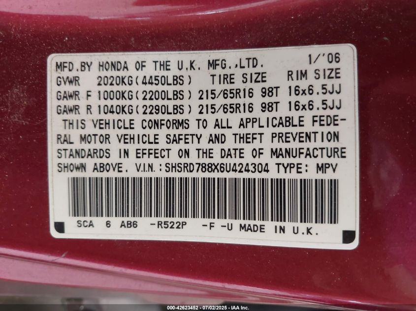 2006 Honda Cr-V Ex VIN: SHSRD788X6U424304 Lot: 42623452