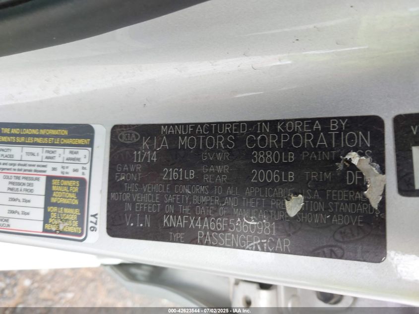 2015 Kia Forte Lx VIN: KNAFX4A66F5360981 Lot: 42623544