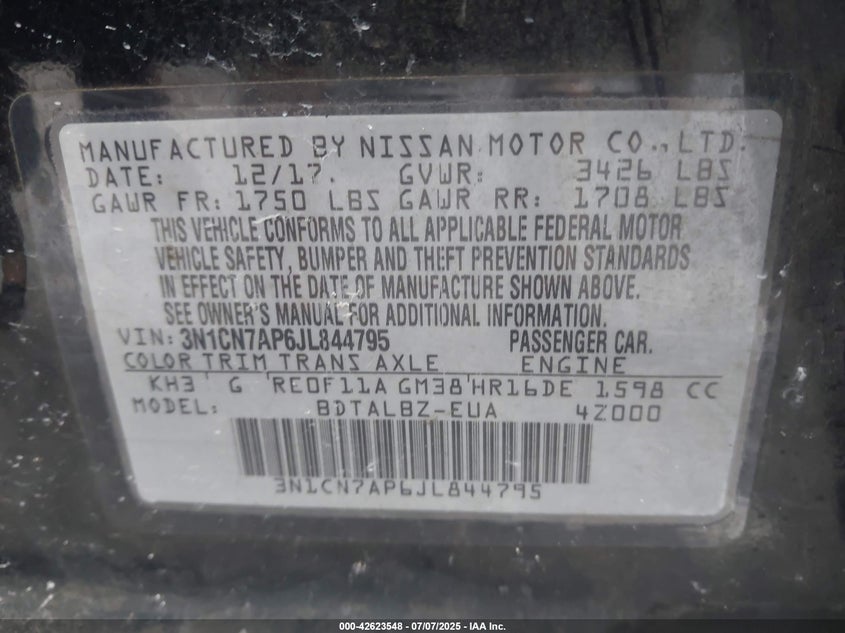 2018 NISSAN VERSA VIN: 3N1CN7AP6JL844795