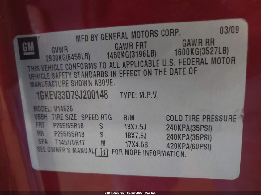 2009 GMC ACADIA VIN: 1GKEV33D79J200148