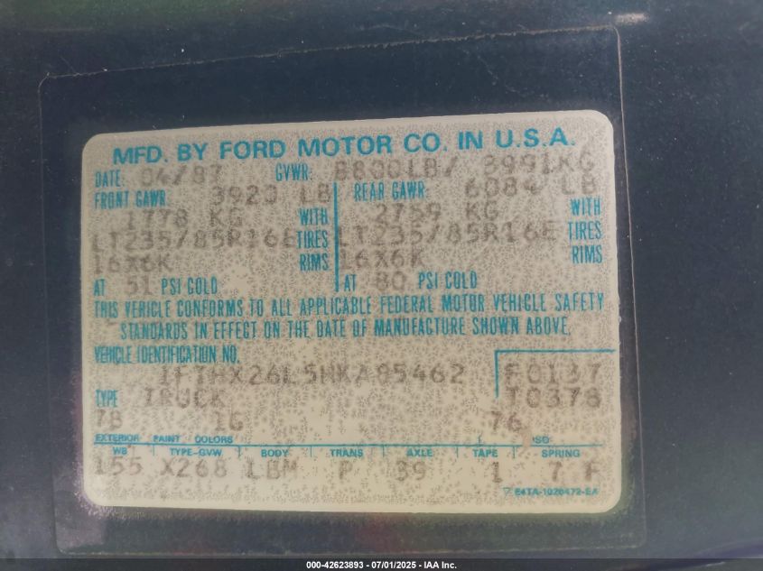1987 Ford F250 VIN: 1FTHX26L5HKA85462 Lot: 42623893