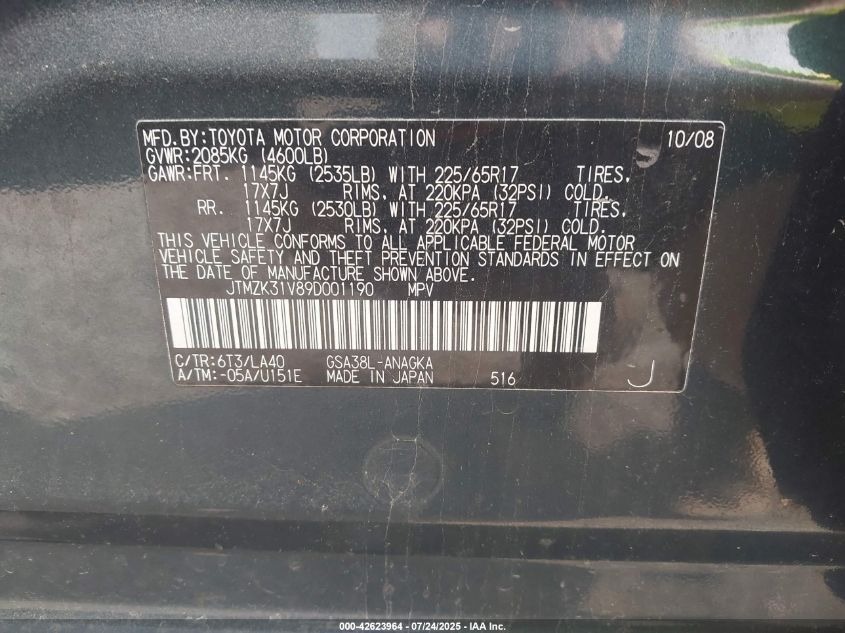 2009 Toyota Rav4 Limited VIN: JTMZK31V89D001190 Lot: 42623964