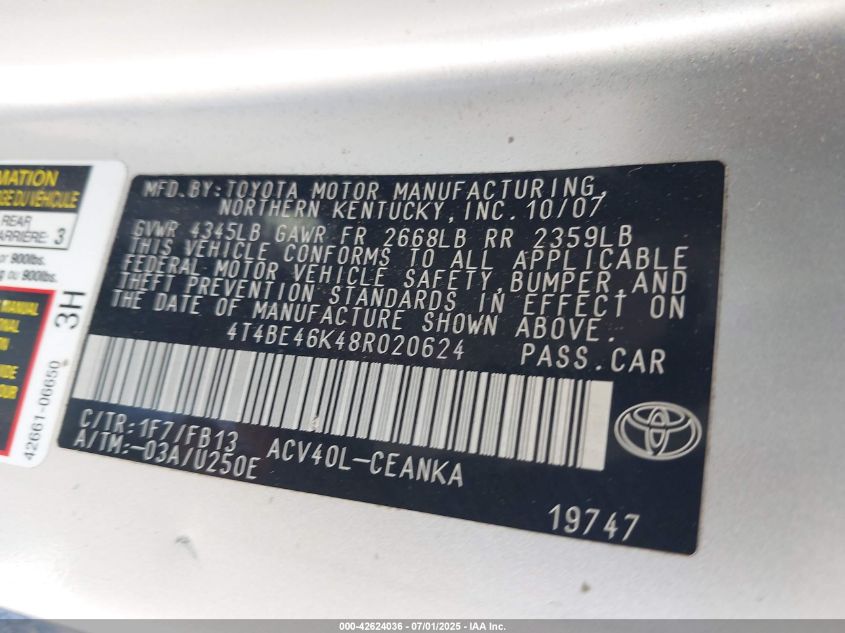 2008 Toyota Camry VIN: 4T4BE46K48R020624 Lot: 42624036