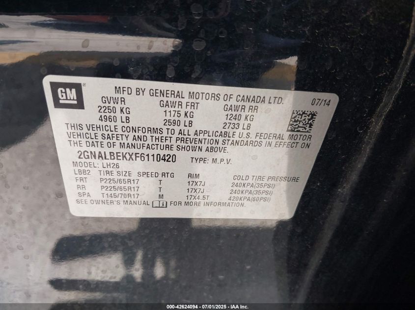 2015 Chevrolet Equinox 1Lt VIN: 2GNALBEKXF6110420 Lot: 42624094