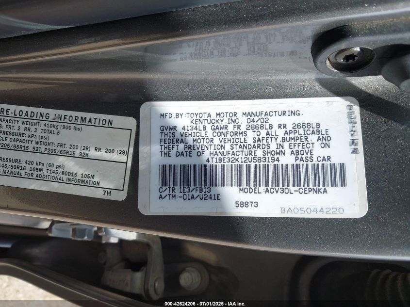 2002 Toyota Camry Le/Xle/Se VIN: 4T1BE32K12U583194 Lot: 42624206