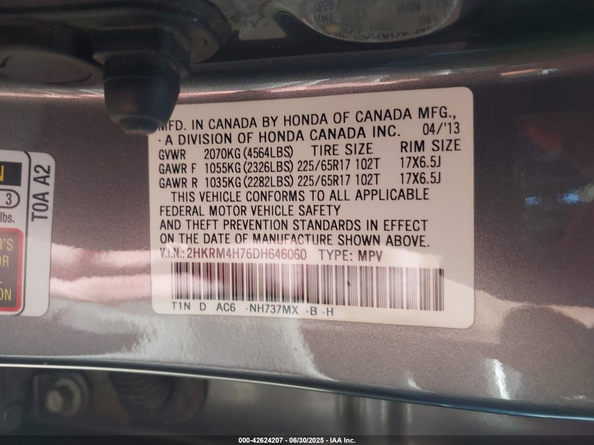 2013 HONDA CR-V VIN: 2HKRM4H76DH646060