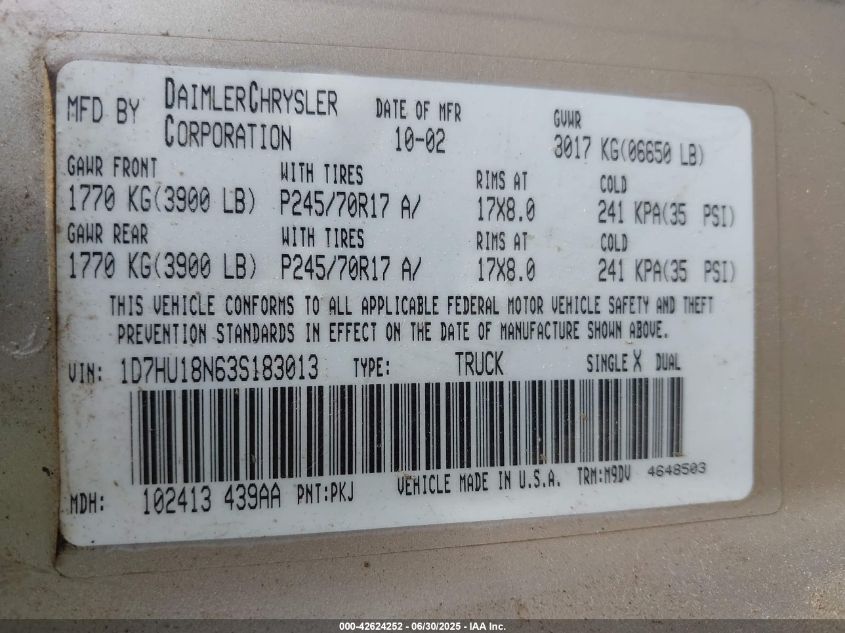 2003 Dodge Ram 1500 Slt/Laramie/St VIN: 1D7HU18N63S183013 Lot: 42624252