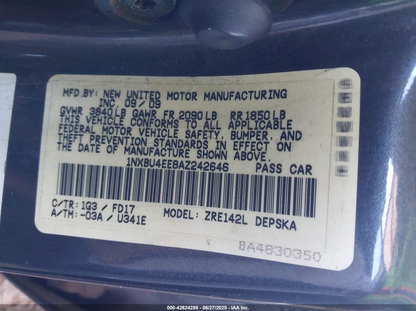 2010 TOYOTA COROLLA VIN: 1NXBU4EE8AZ242646