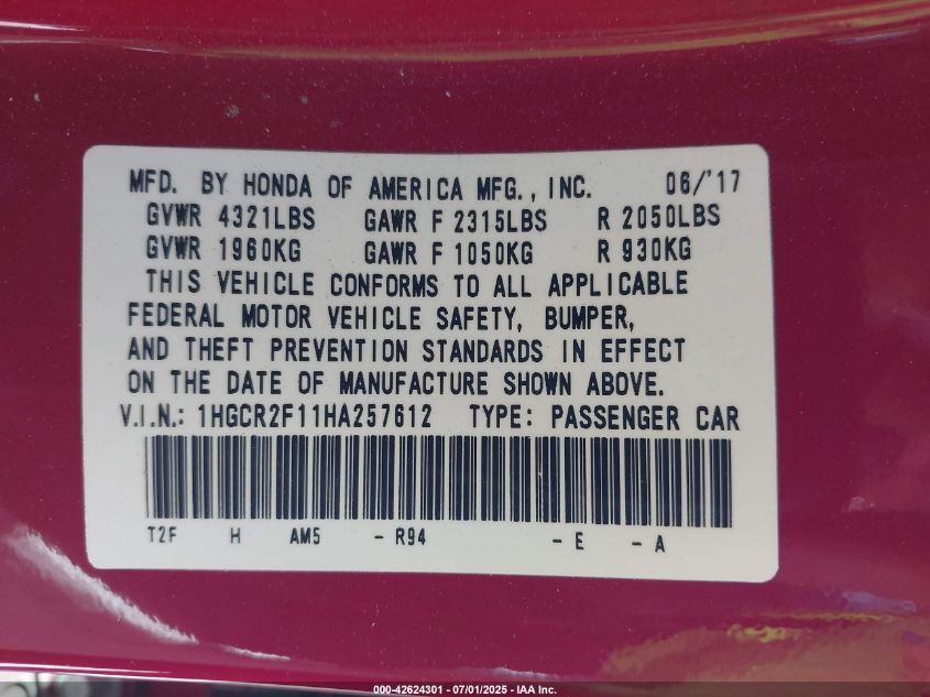 2017 Honda Accord Sport Se VIN: 1HGCR2F11HA257612 Lot: 42624301