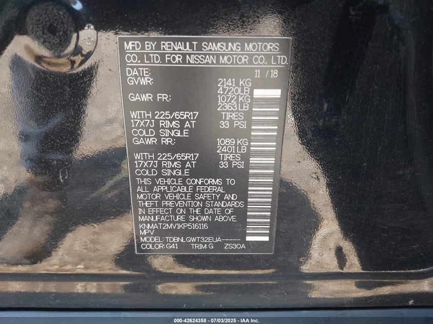 2019 NISSAN ROGUE VIN: KNMAT2MV1KP516116