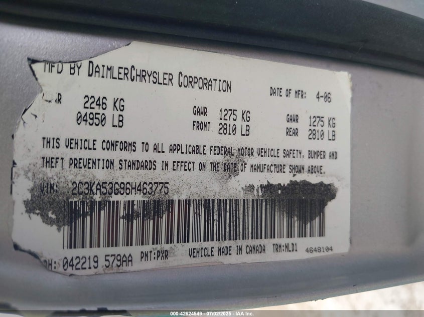 2007 CHRYSLER 300C VIN: 2C3KA63H67H604379