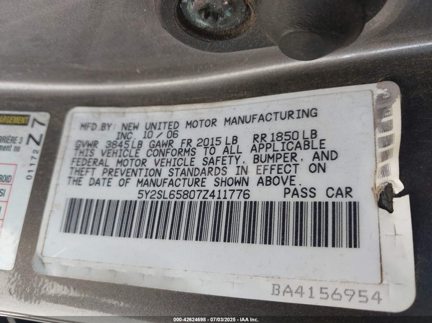 2007 PONTIAC VIBE VIN: 5Y2SL65807Z411776