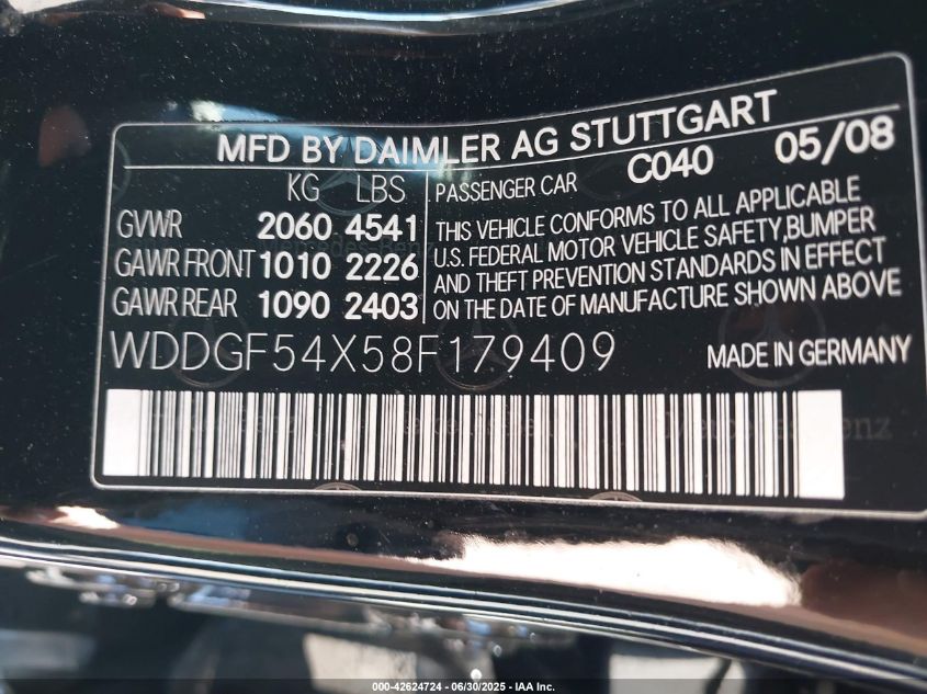 2008 Mercedes-Benz C 300 Luxury/Sport VIN: WDDGF54X58F179409 Lot: 42624724
