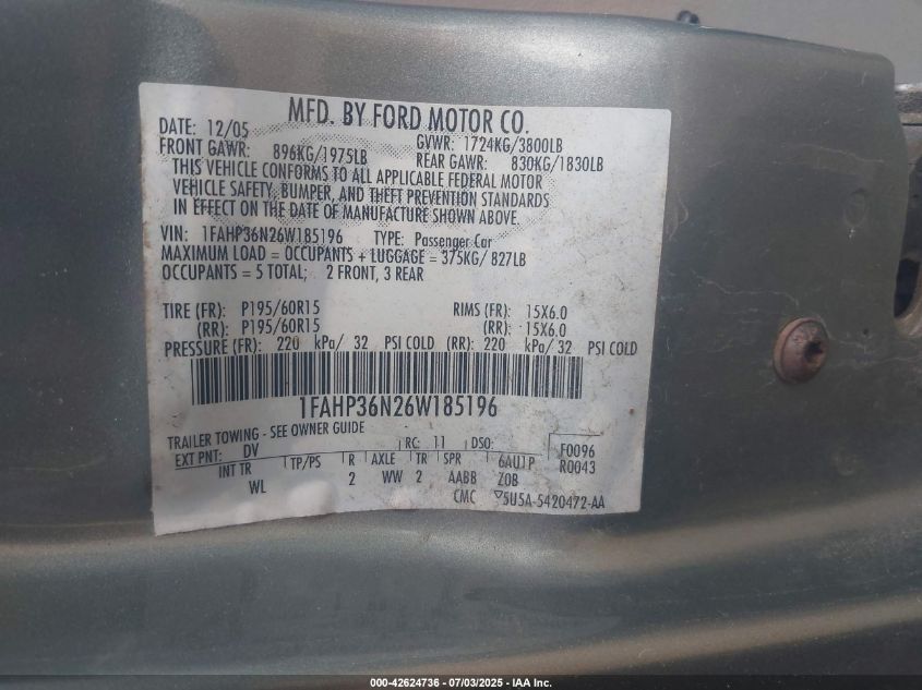2006 Ford Focus Zxw VIN: 1FAHP36N26W185196 Lot: 42624736