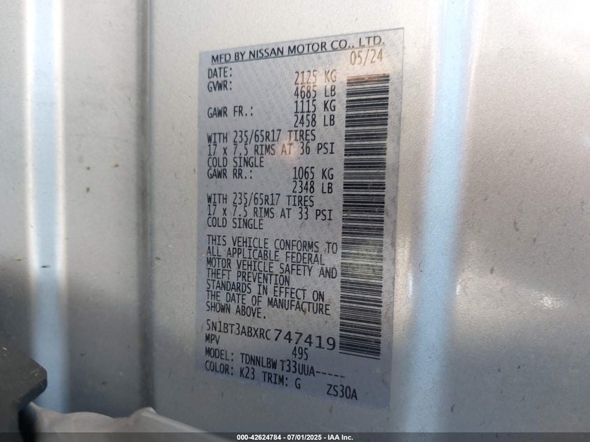 2024 NISSAN ROGUE VIN: 5N1BT3ABXRC747419