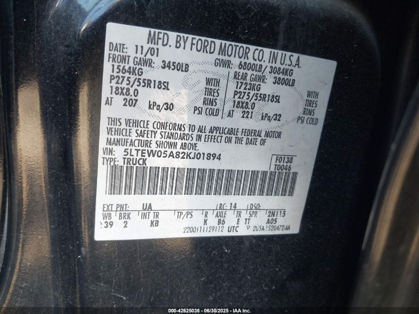 2002 Lincoln Blackwood VIN: 5LTEW05A82KJ01894 Lot: 42625036