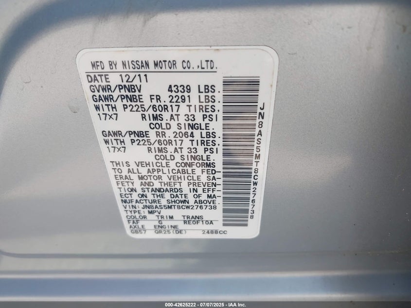 2012 NISSAN ROGUE VIN: JN8AS5MT8CW276738