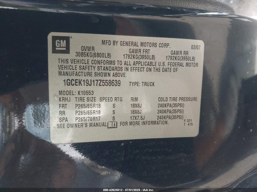 2007 CHEVROLET SILVERADO VIN: 1GCEK19J17Z558639