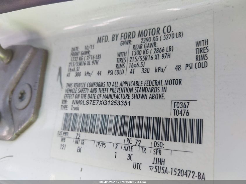 2016 Ford Transit Connect Xl VIN: NM0LS7E7XG1253351 Lot: 42625513