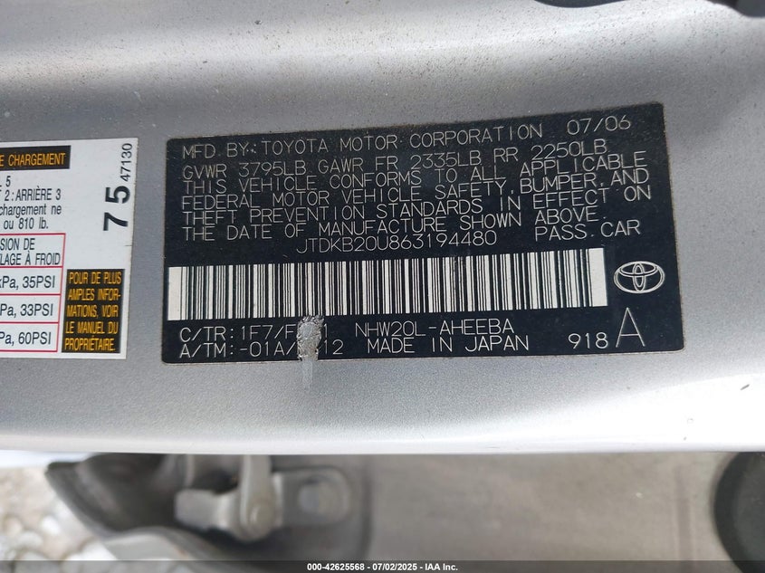 2006 TOYOTA PRIUS VIN: JTDKB20U863194480