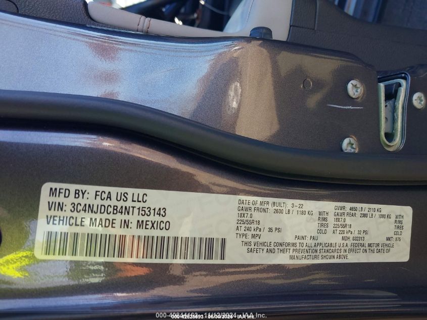 2022 Jeep Compass Limited 4X4 VIN: 3C4NJDCB4NT153143 Lot: 42625593