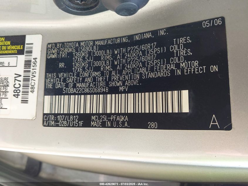 2006 Toyota Sienna Xle Limited VIN: 5TDBA22C86S068948 Lot: 42625673