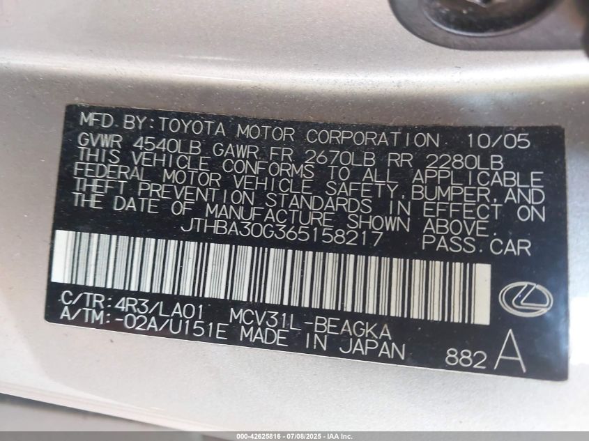 2006 Lexus Es 330 VIN: JTHBA30G365158217 Lot: 42625816