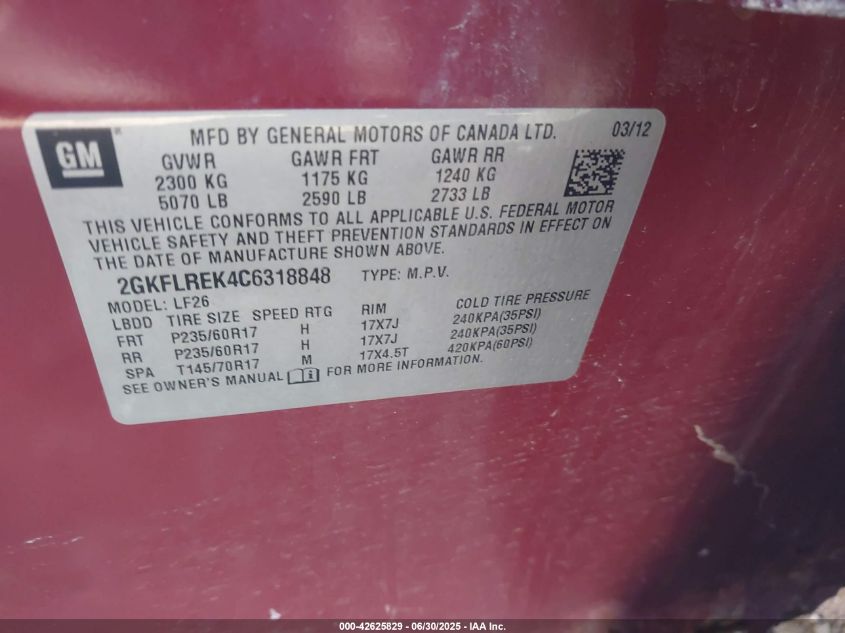 2012 GMC Terrain Sle-1 VIN: 2GKFLREK4C6318848 Lot: 42625829