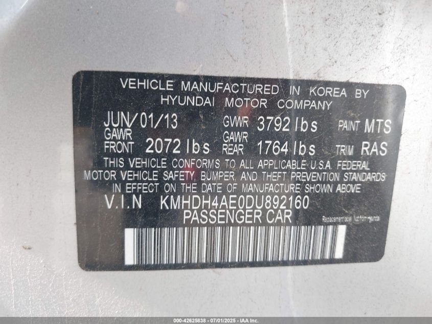 2013 Hyundai Elantra Gls VIN: KMHDH4AE0DU892160 Lot: 42625838