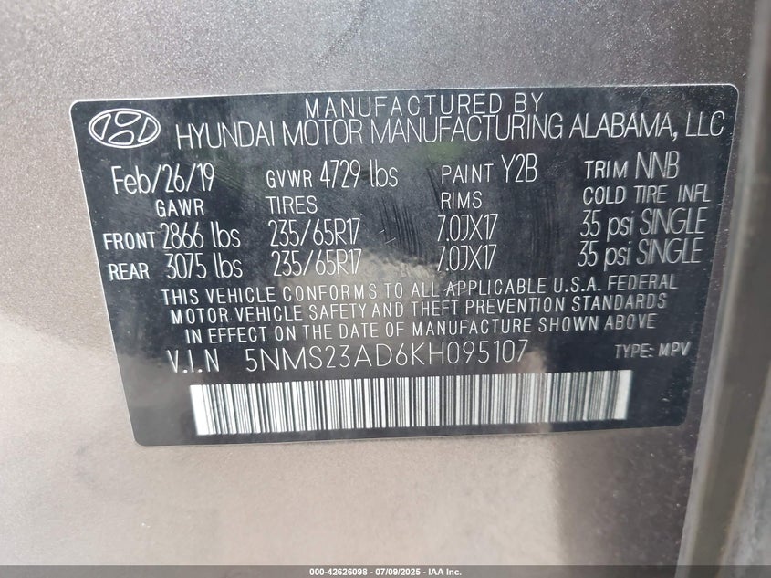 2019 HYUNDAI SANTA FE SE - 5NMS23AD6KH095107