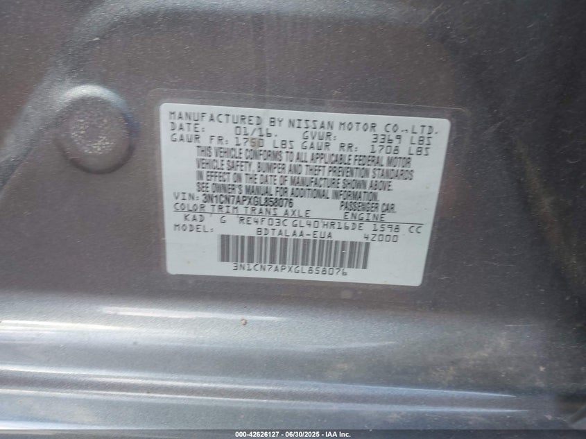 2016 NISSAN VERSA 1.6 S - 3N1CN7APXGL858076