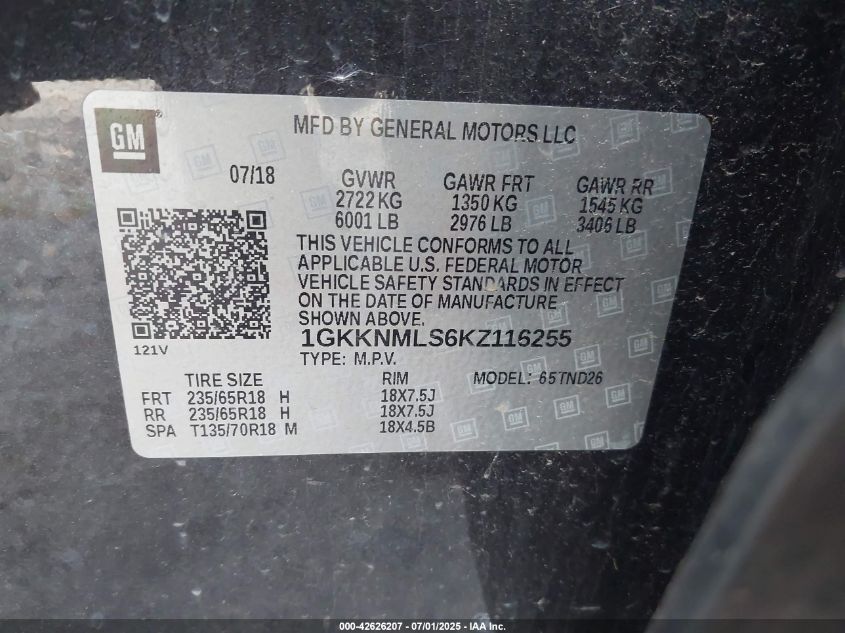 2019 GMC Acadia Slt-1 VIN: 1GKKNMLS6KZ116255 Lot: 42626207