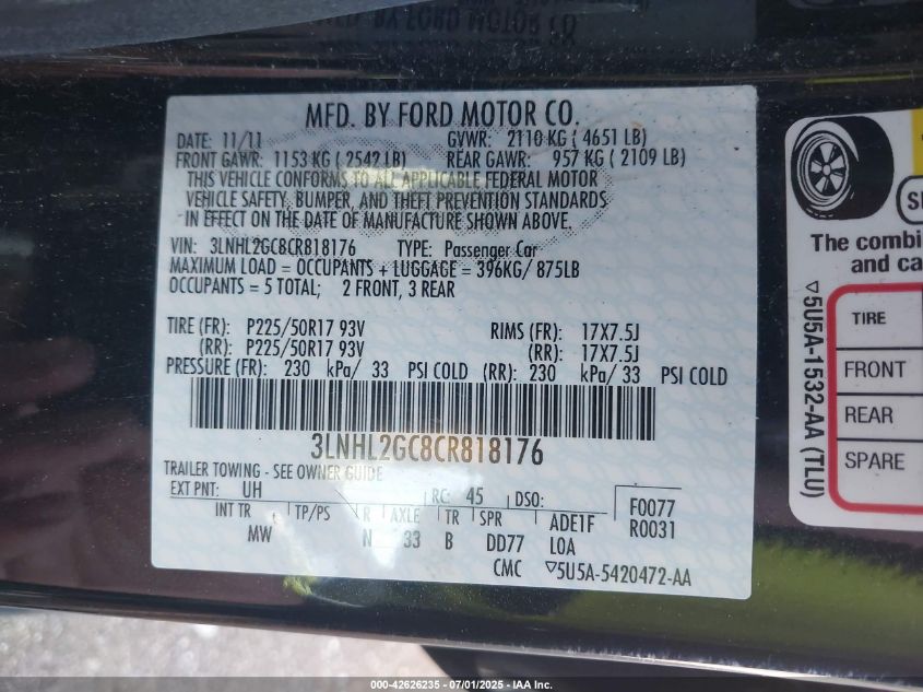 2012 Lincoln Mkz VIN: 03LNHL2GC8CR81817 Lot: 42626235