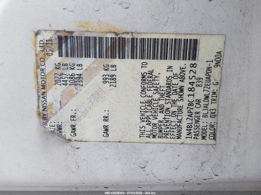 2011 Nissan Altima 3.5 Sr VIN: 1N4BL2AP7BC184528 Lot: 42626304