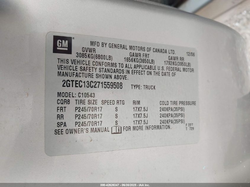 2007 GMC Sierra 1500 Work Truck VIN: 2GTEC13C271559508 Lot: 42626347