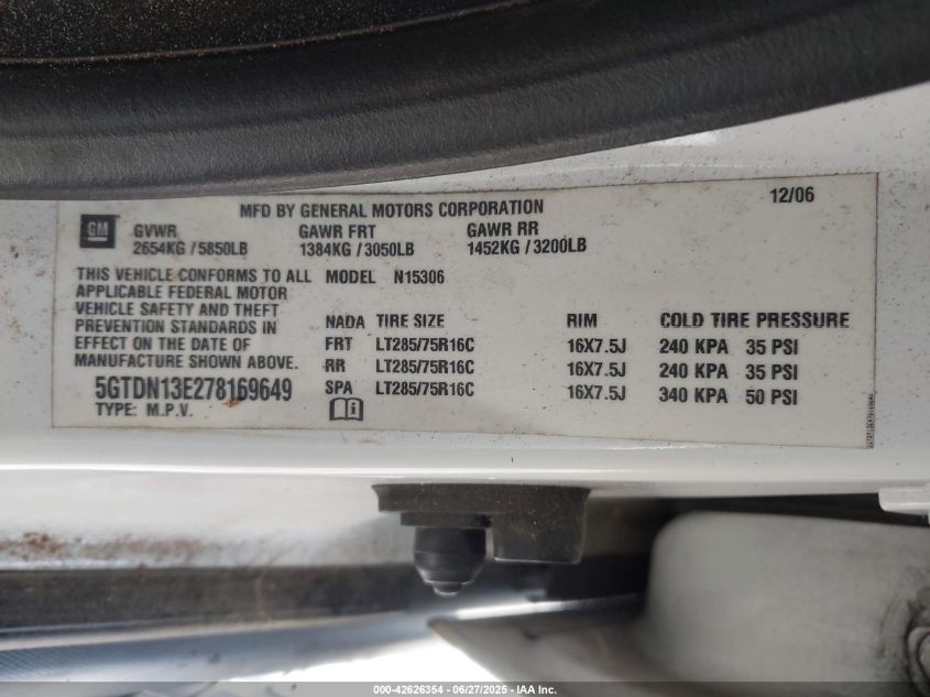 2007 Hummer H3 Suv VIN: 5GTDN13E278169649 Lot: 42626354