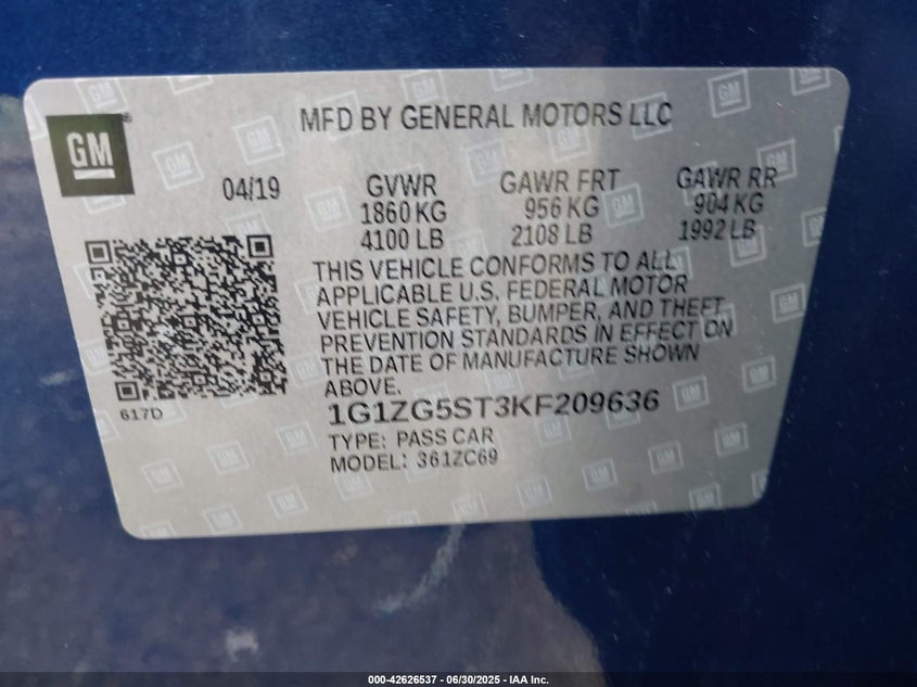 2019 Chevrolet Malibu Rs VIN: 1G1ZG5ST3KF209636 Lot: 42626537