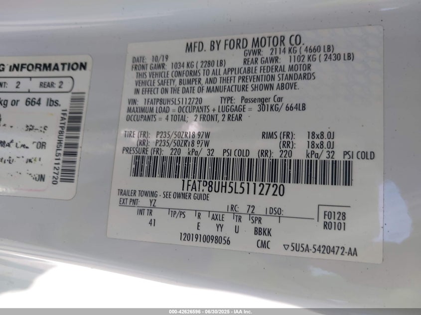 2020 FORD MUSTANG VIN: 1FATP8UH5L5112720
