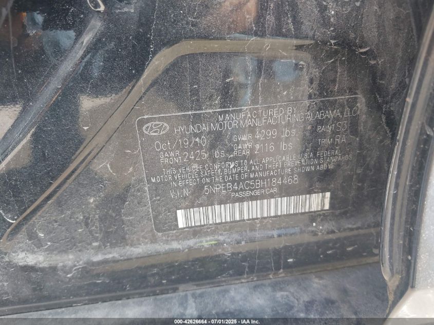 2011 Hyundai Sonata Gls VIN: 5NPEB4AC5BH184468 Lot: 42626664